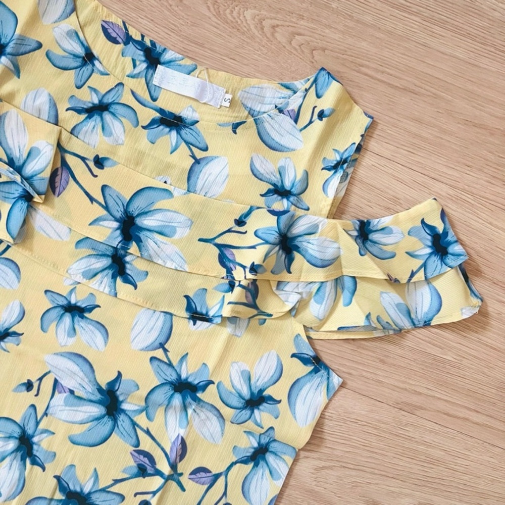 NEW Yellow/Blue Floral Cold Shoulder Ruffled Blouse - Picture 3 of 4